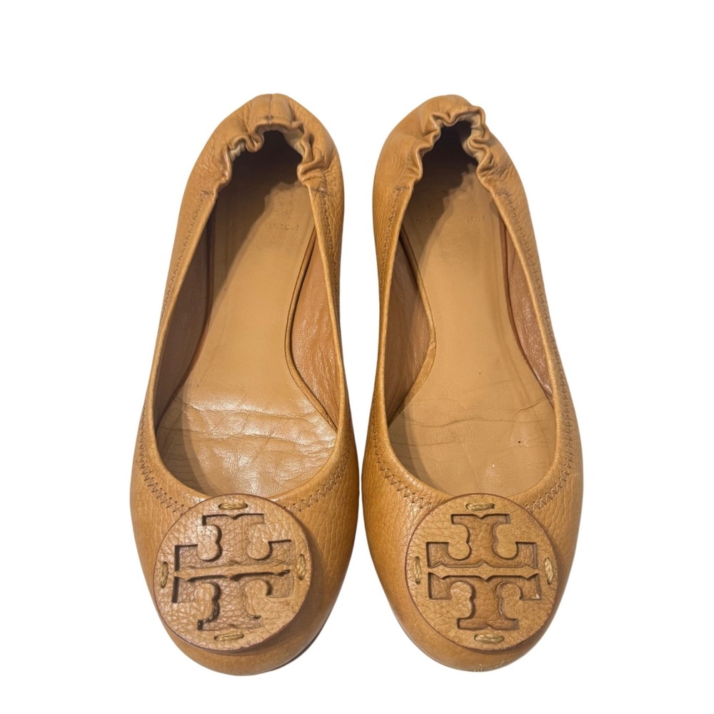 Tory Burch Reva Ballet Flats 9 Brown‎ Leather Logo Medallion Good Scuffed